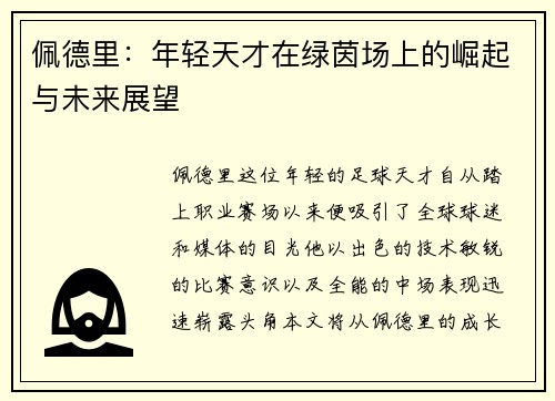 佩德里：年轻天才在绿茵场上的崛起与未来展望