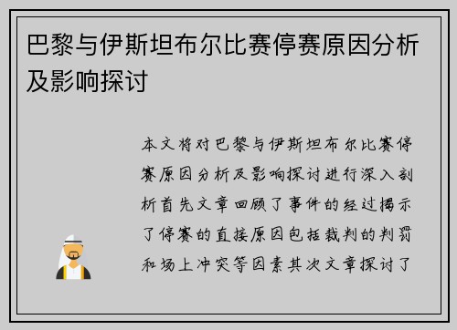 巴黎与伊斯坦布尔比赛停赛原因分析及影响探讨