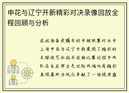 申花与辽宁开新精彩对决录像回放全程回顾与分析