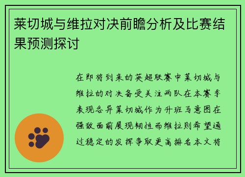 莱切城与维拉对决前瞻分析及比赛结果预测探讨