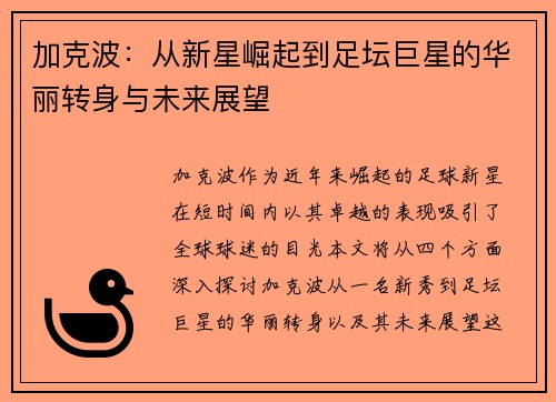 加克波：从新星崛起到足坛巨星的华丽转身与未来展望