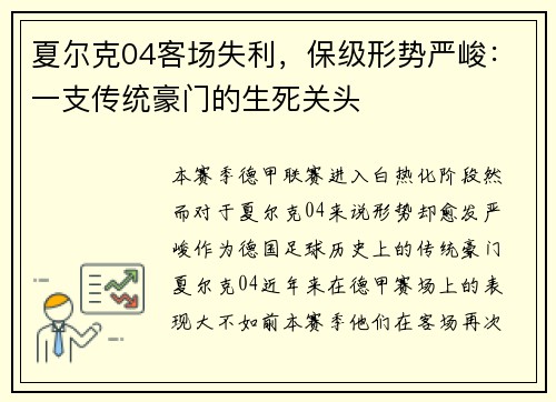 夏尔克04客场失利，保级形势严峻：一支传统豪门的生死关头