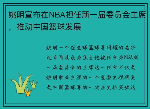 姚明宣布在NBA担任新一届委员会主席，推动中国篮球发展