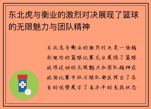 东北虎与衡业的激烈对决展现了篮球的无限魅力与团队精神