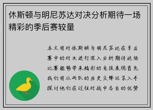 休斯顿与明尼苏达对决分析期待一场精彩的季后赛较量