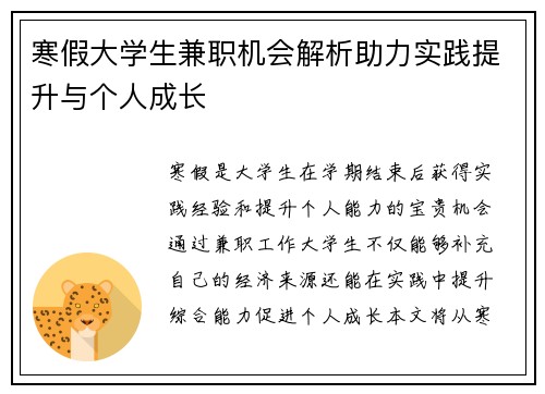寒假大学生兼职机会解析助力实践提升与个人成长