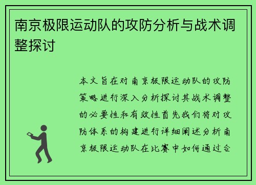 南京极限运动队的攻防分析与战术调整探讨