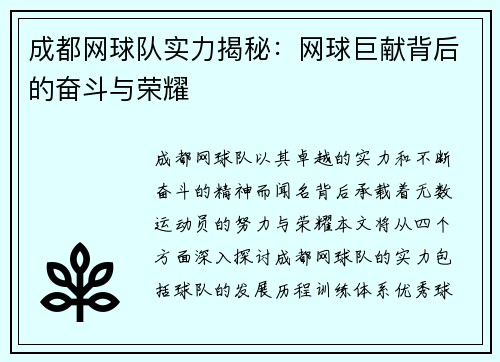 成都网球队实力揭秘：网球巨献背后的奋斗与荣耀