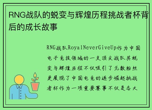 RNG战队的蜕变与辉煌历程挑战者杯背后的成长故事