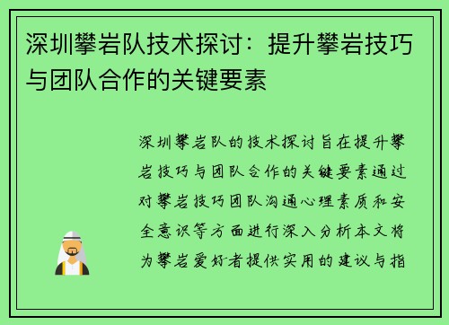 深圳攀岩队技术探讨：提升攀岩技巧与团队合作的关键要素