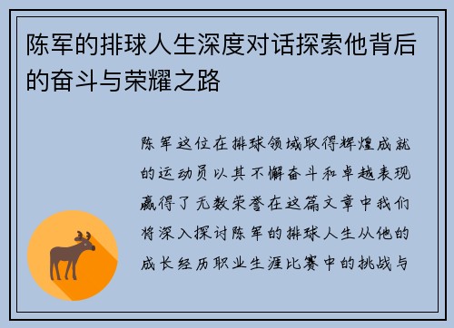 陈军的排球人生深度对话探索他背后的奋斗与荣耀之路