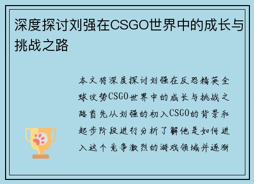 深度探讨刘强在CSGO世界中的成长与挑战之路