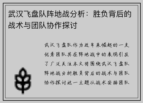 武汉飞盘队阵地战分析：胜负背后的战术与团队协作探讨
